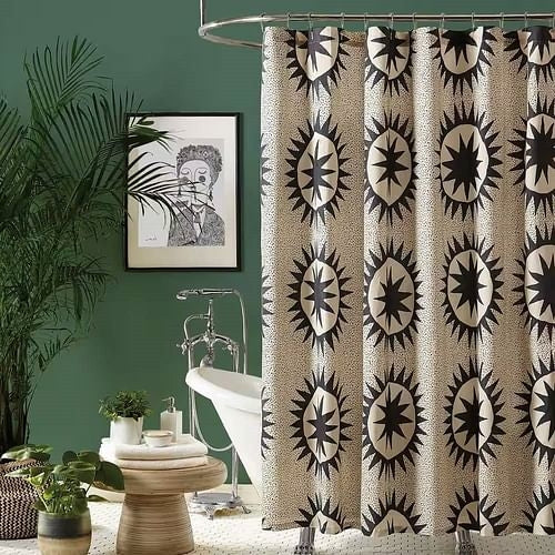 Shower Curtain 72x72 Cotton Poly Cream Brown Sun Star Medallion Pattern For Modern Bath Decor Gothic Arcane Charm