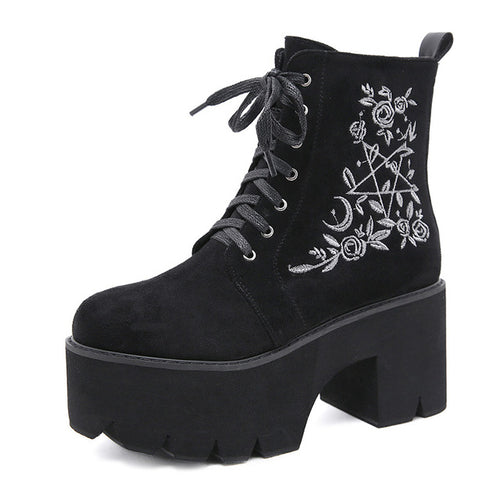 Gdgydh Fashion Flower Platform Boots Chunky Punk Suede Leather Womens
