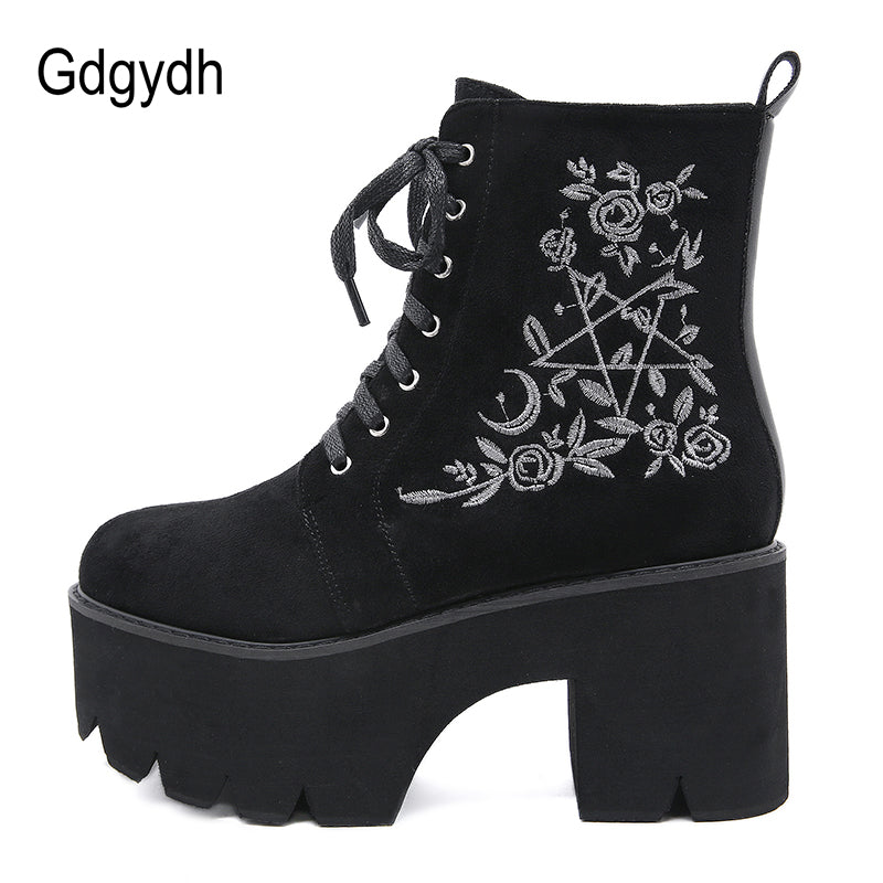 Gdgydh Fashion Flower Platform Boots Chunky Punk Suede Leather Womens