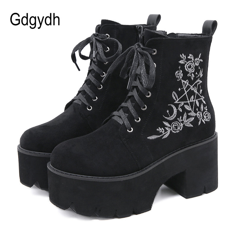 Gdgydh Fashion Flower Platform Boots Chunky Punk Suede Leather Womens