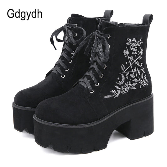 Gdgydh Fashion Flower Platform Boots Chunky Punk Suede Leather Womens