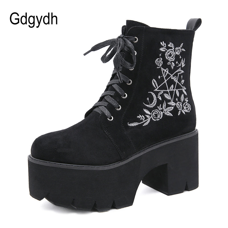 Gdgydh Fashion Flower Platform Boots Chunky Punk Suede Leather Womens