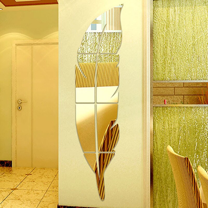 Gold Feather Shape Mirror Wall Stickers Bedroom