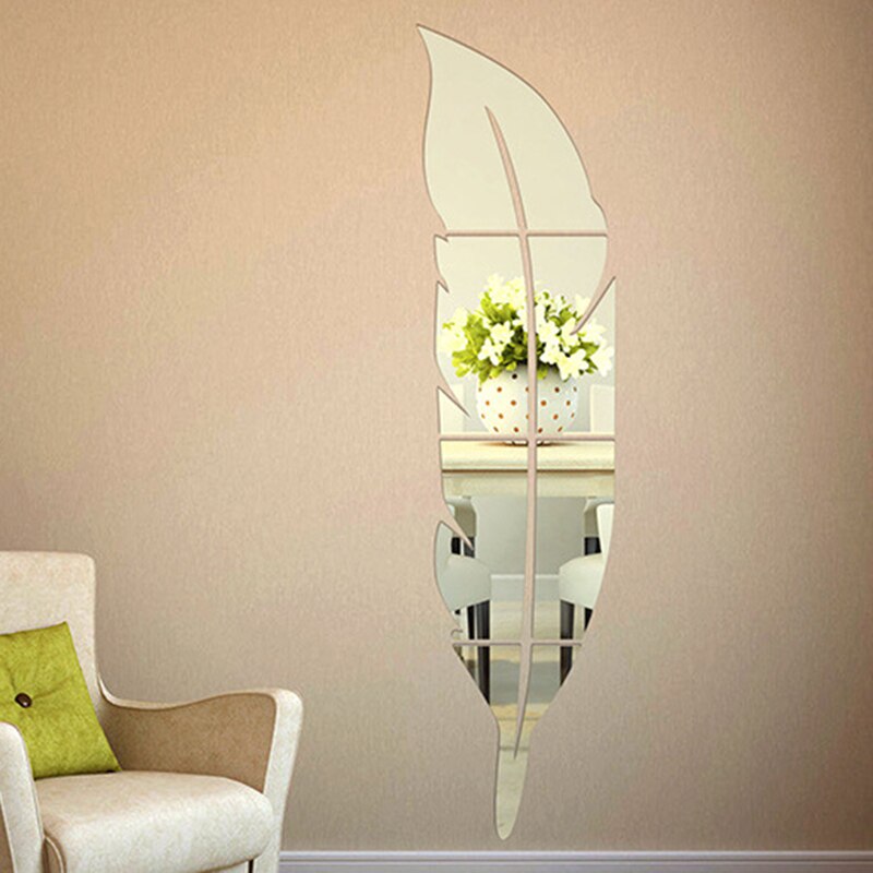 Gold Feather Shape Mirror Wall Stickers Bedroom