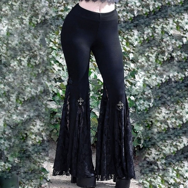 Goth Mall Flare Pants Sexy Black Lace Patchwork High Waist Vintage