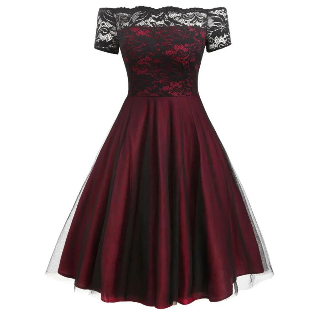 Women Vintage Lace Dress Formal Red Black Green Slash Neck Tulle Midi