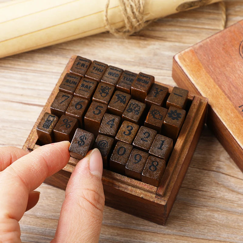 Yoofun 28pcs Alphabet Stamps Vintage Wooden Rubber Letter Standard