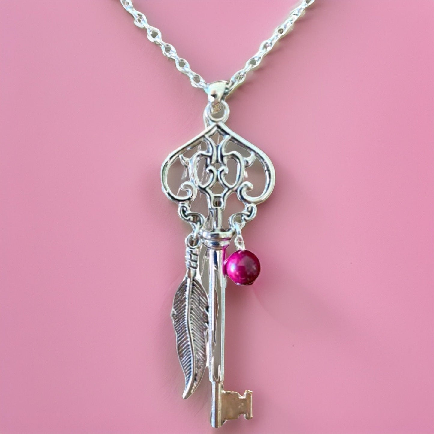 Skeleton Key Necklace with Pink Tiger’s Eye