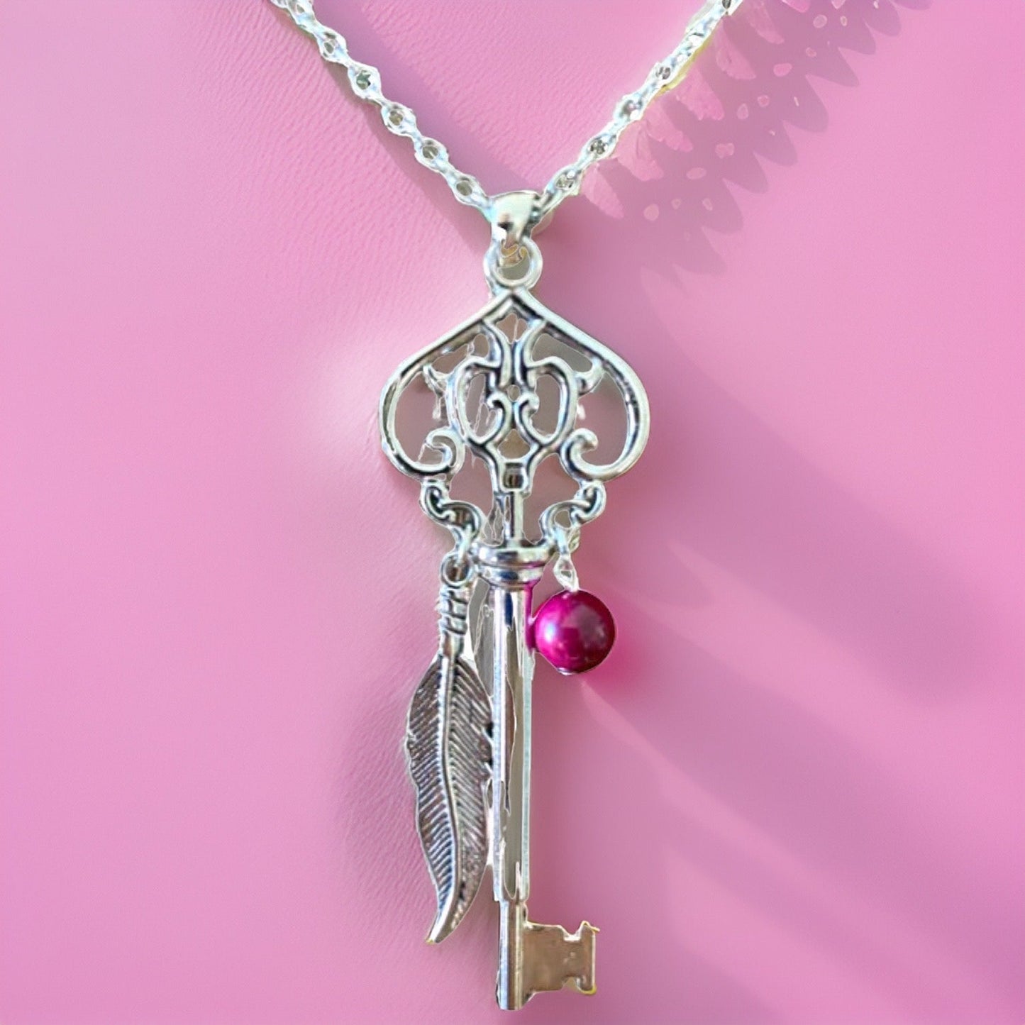 Skeleton Key Necklace with Pink Tiger’s Eye