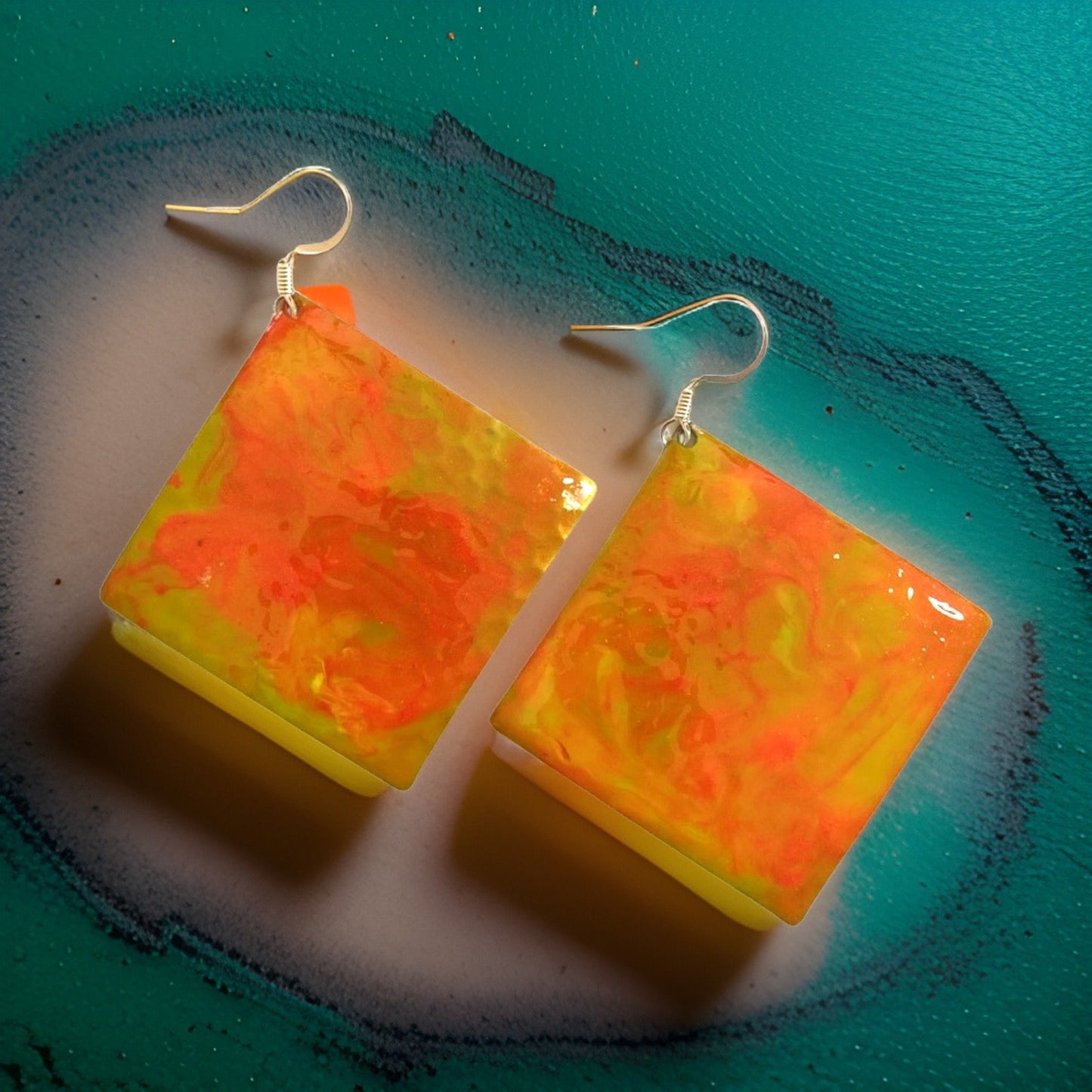 Yellow Orange Marble Diamond Dome Lures of Love Earrings