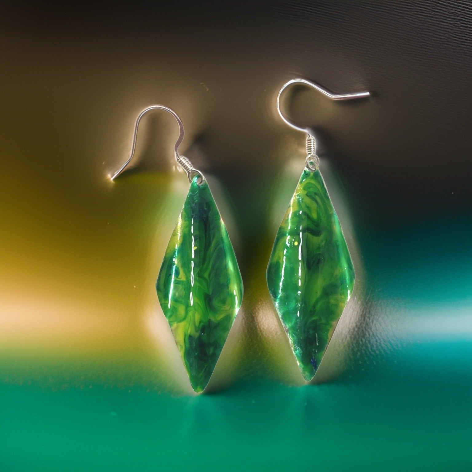 Green Yellow Marble Wavy Lures of Love Earrings