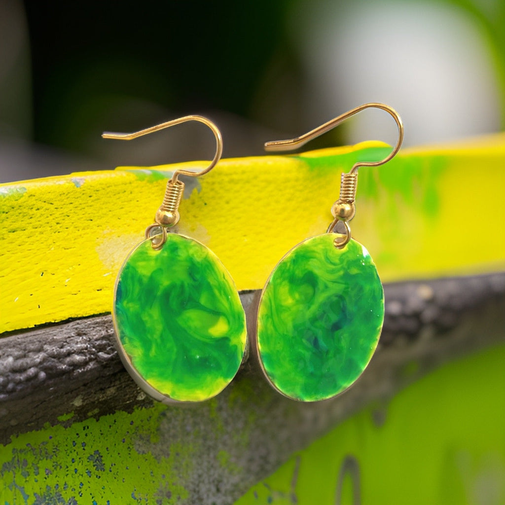Green Yellow Marble Mini Oval Lures of Love Earrings