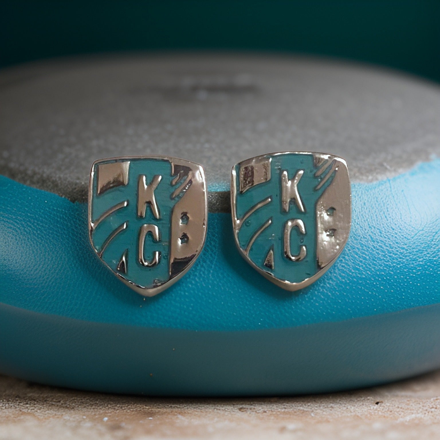 KC Current Shield Studs Teal Enamel Pewter Earrings