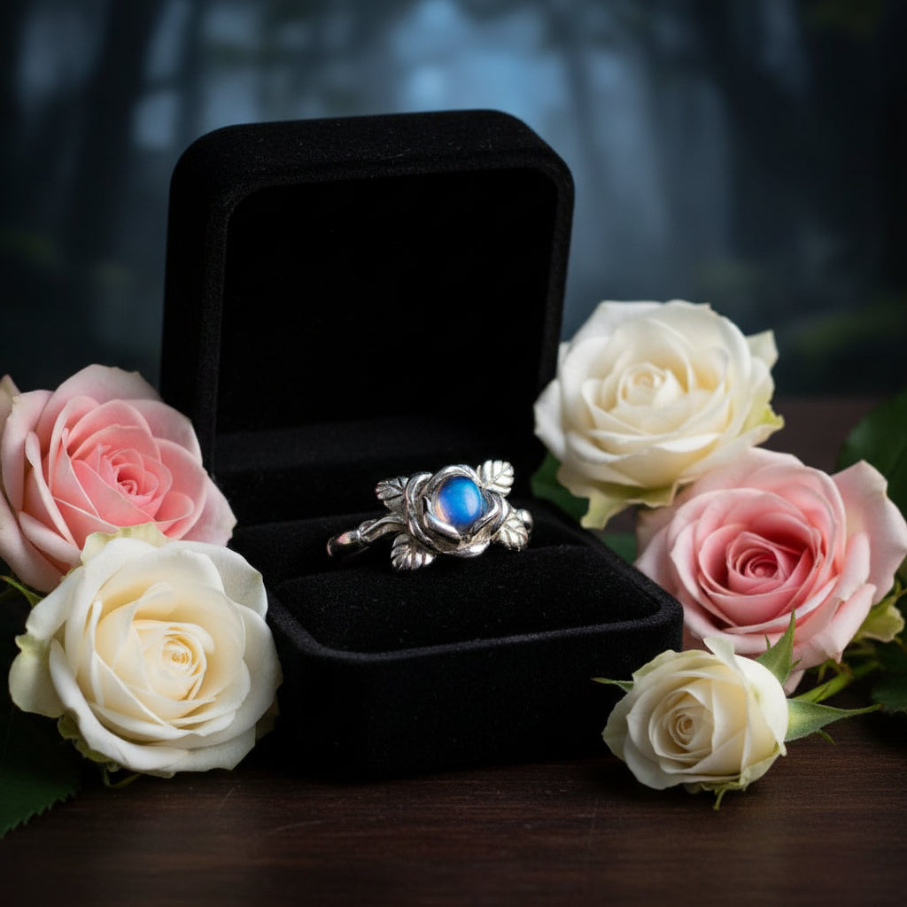 Silver ring with a blue gemstone held between fingers against a tiger stripe background