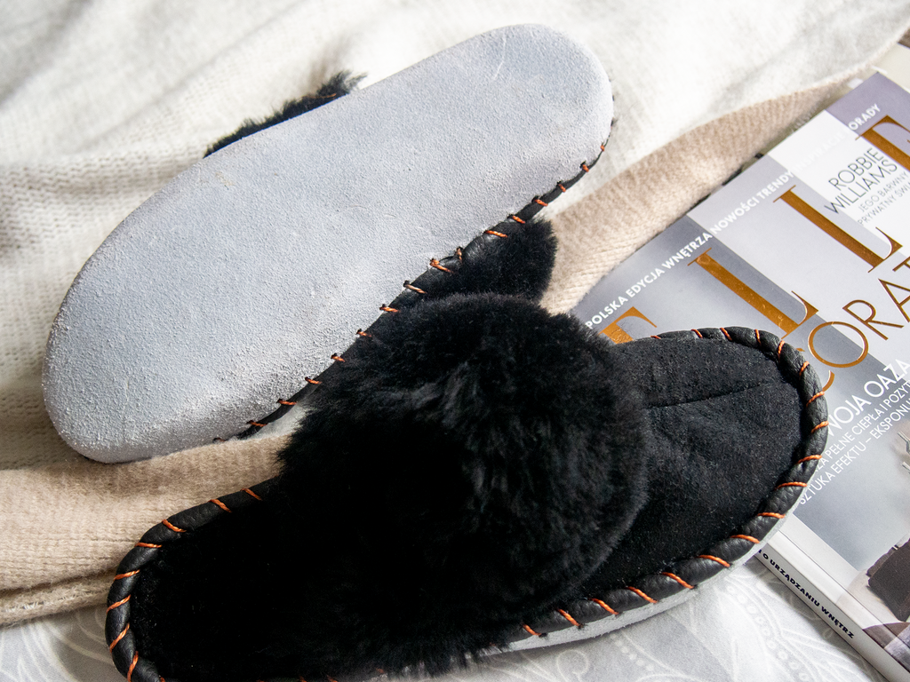 Black Shearling Sheepskin Mules For All Year Comfort With Natural Leather Trim Boho Gothic Slippers