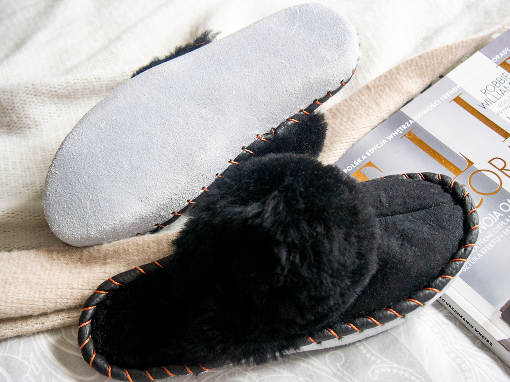 Black Shearling Sheepskin Mules For All Year Comfort With Natural Leather Trim Boho Gothic Slippers