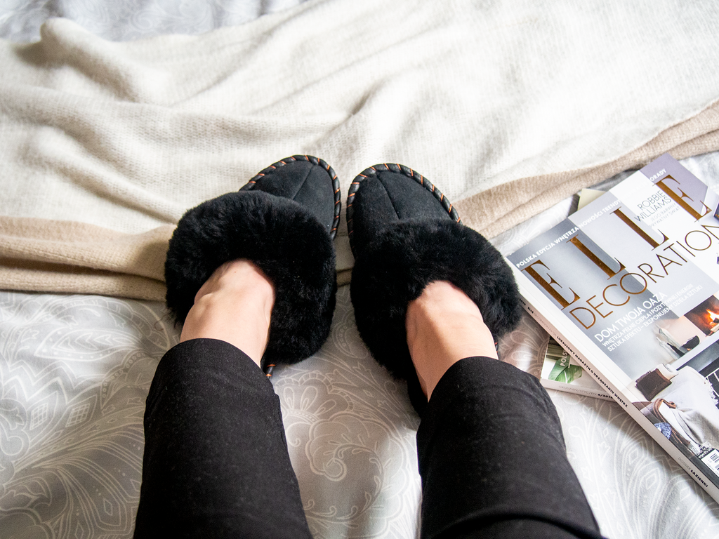 Black Shearling Sheepskin Mules For All Year Comfort With Natural Leather Trim Boho Gothic Slippers