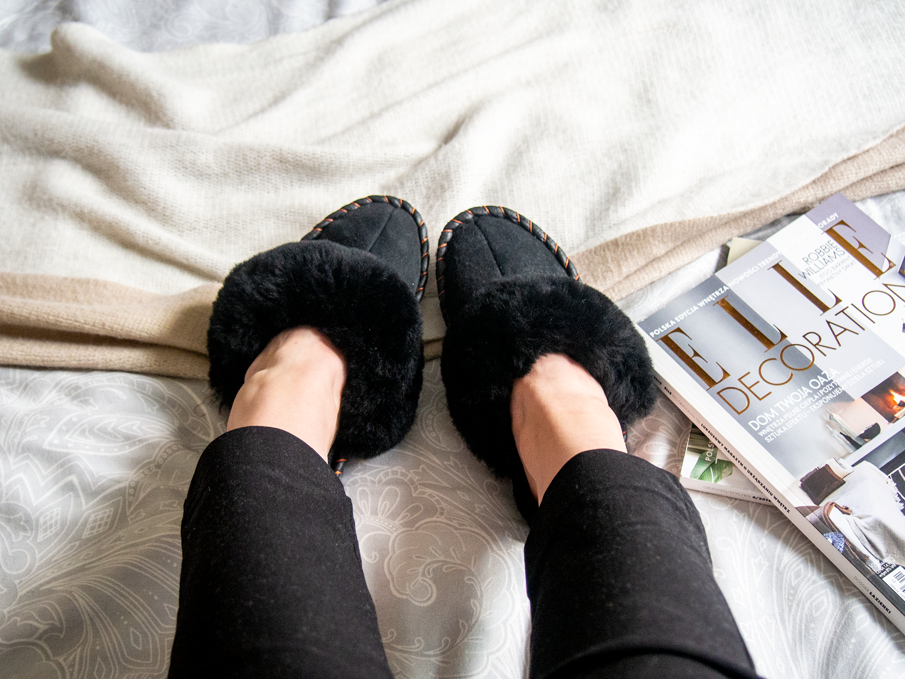 Black Shearling Sheepskin Mules For All Year Comfort With Natural Leather Trim Boho Gothic Slippers