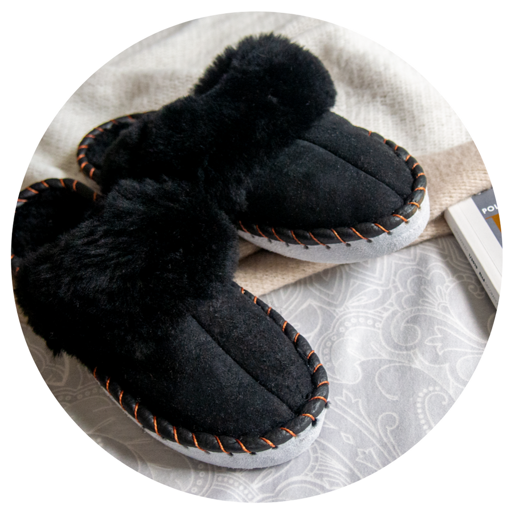 Black Shearling Sheepskin Mules For All Year Comfort With Natural Leather Trim Boho Gothic Slippers