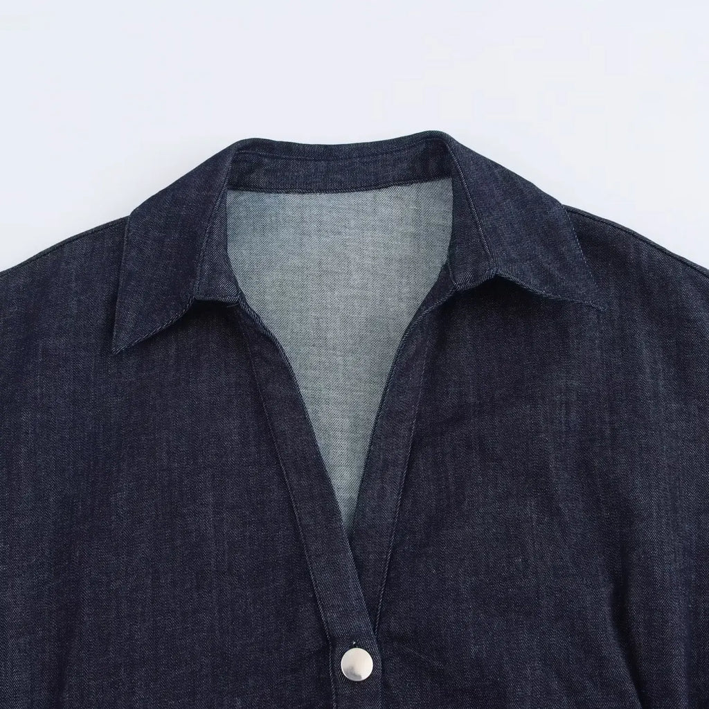 ETJ 2025 traf Spring New 1975 series denim MIDI dress with lapel side