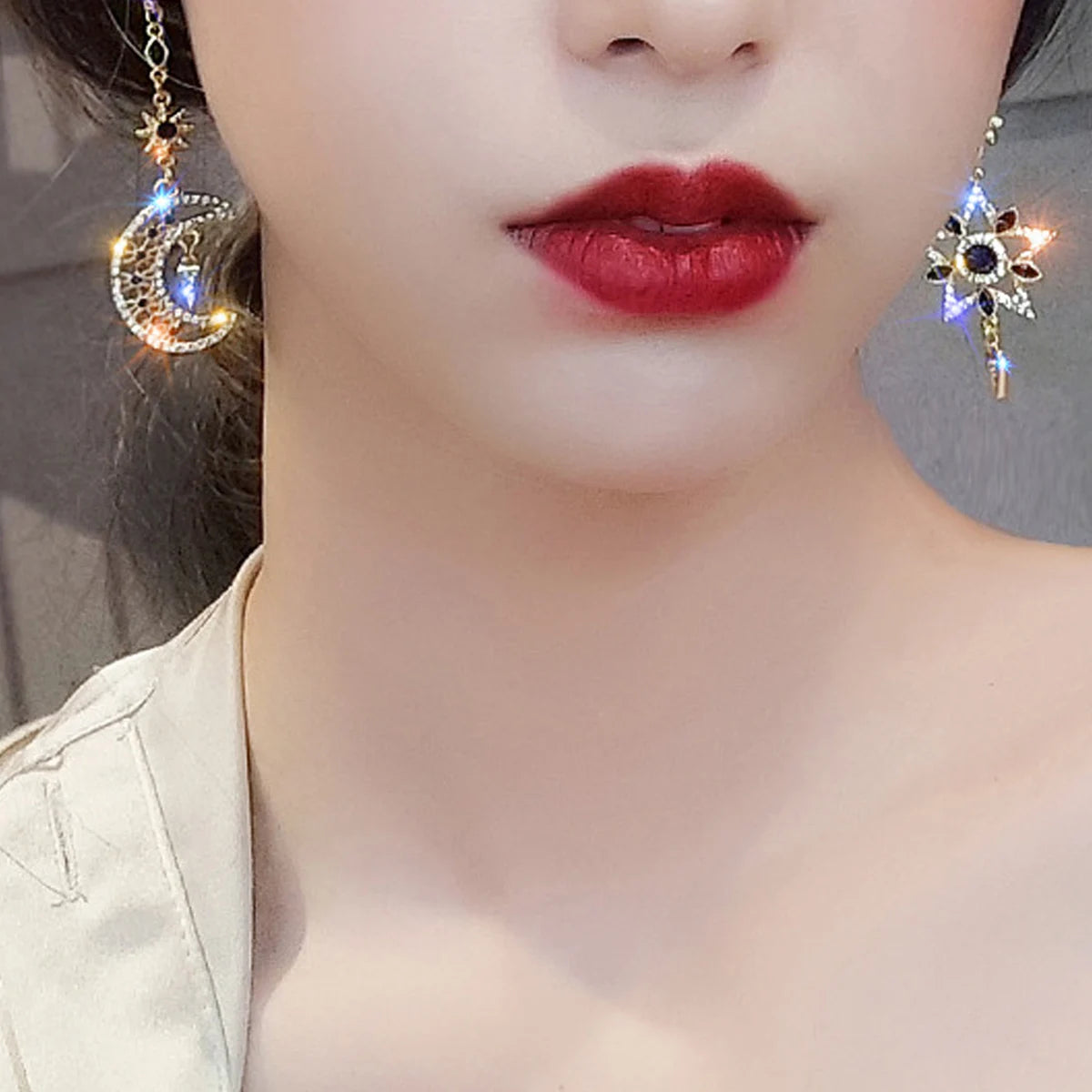 Elegant Silver Color Asymmetric Star Moon Earrings Long Statement