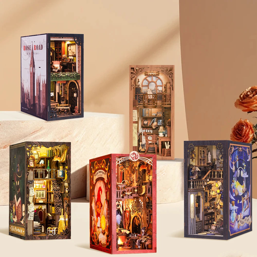 CUTEBEE Book Nook Kit DIY Doll House with LED Light Bookshelf Insert