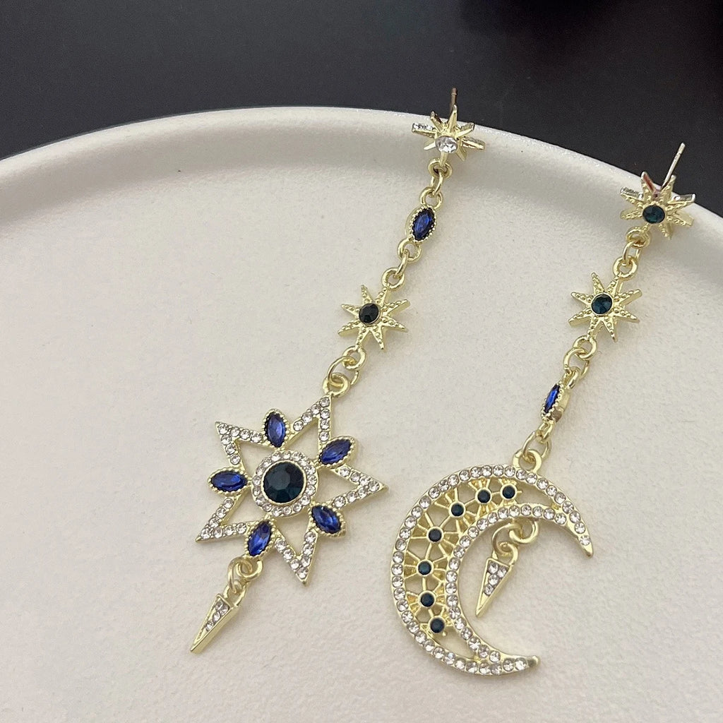 Elegant Silver Color Asymmetric Star Moon Earrings Long Statement