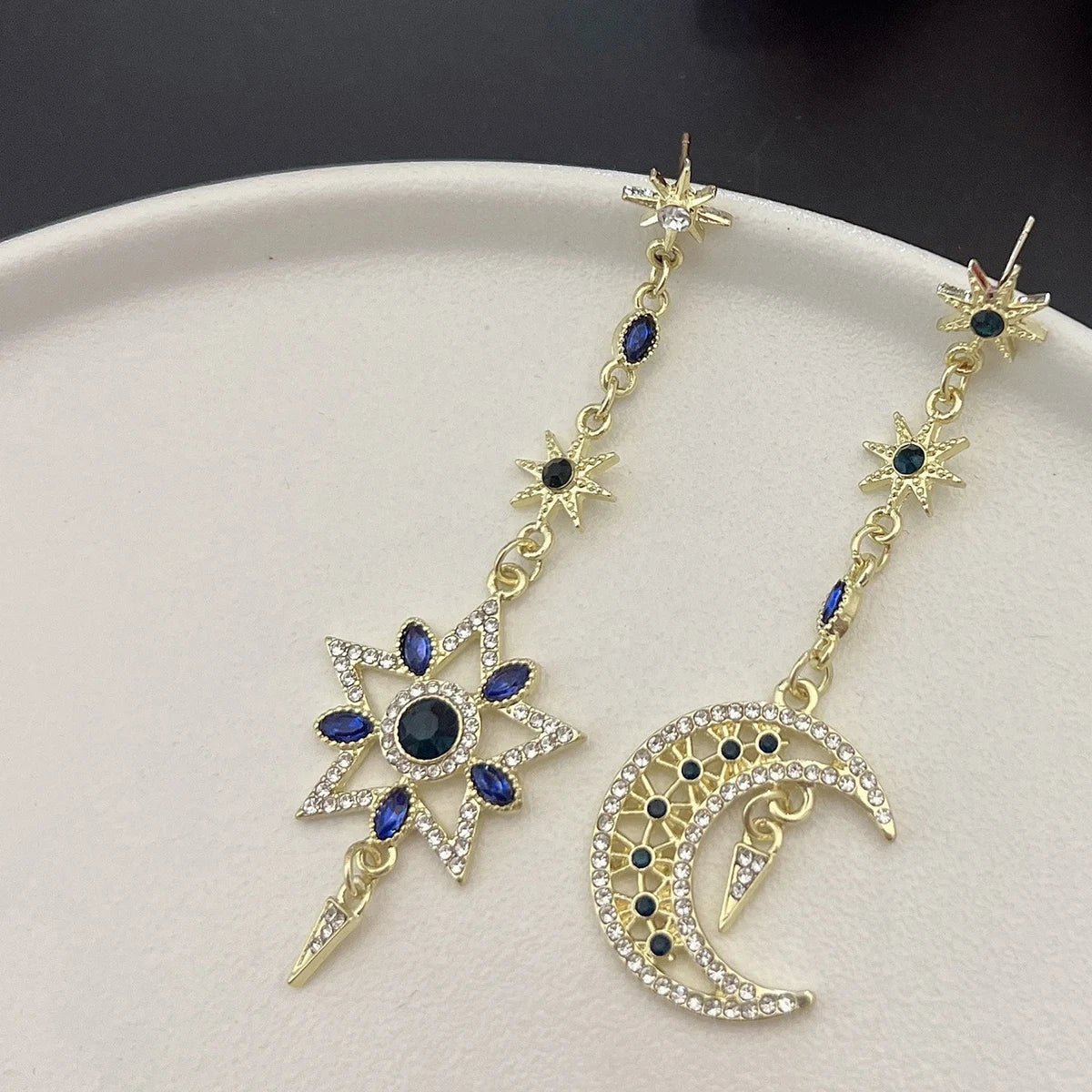 Elegant Silver Color Asymmetric Star Moon Earrings Long Statement