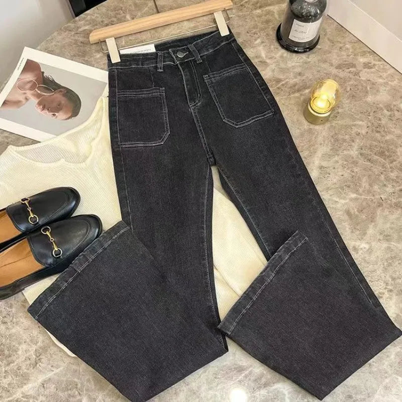 New High Waist Trousers Loose Washed Jeans Pockets Slim Denim Flare