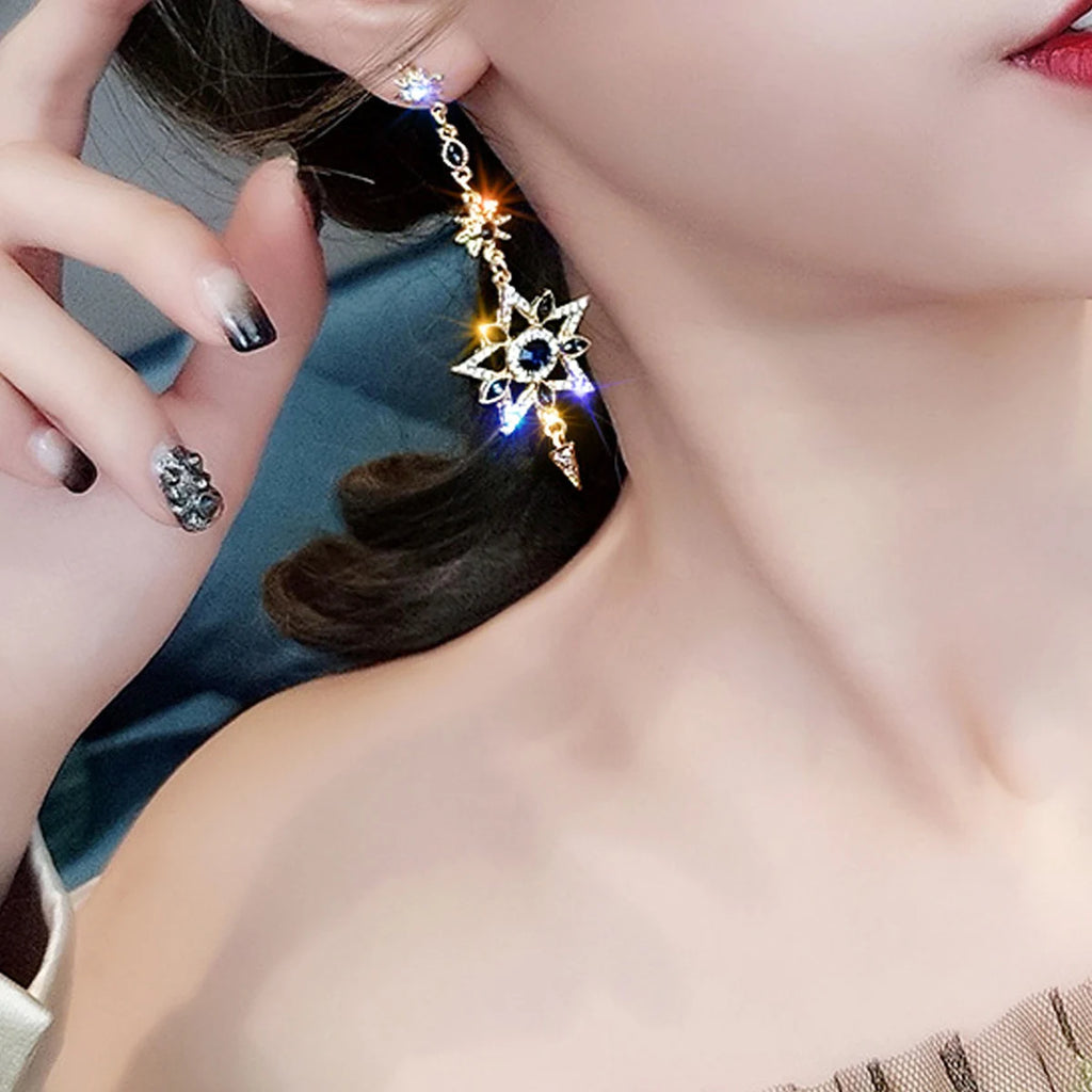 Elegant Silver Color Asymmetric Star Moon Earrings Long Statement