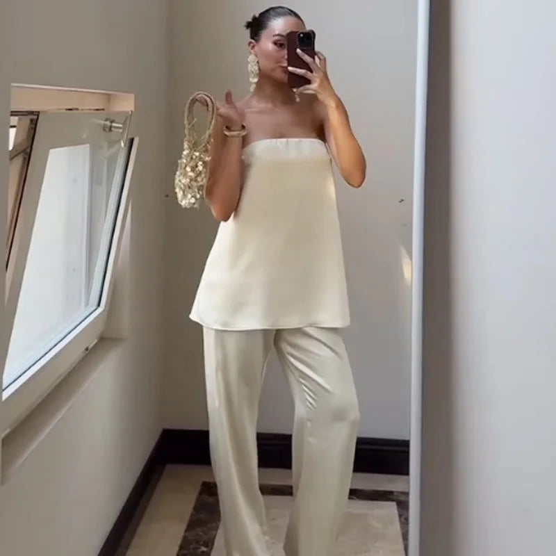 HXAO Satin Pant Sets Women's Two Pieces Set Strapless Off Shoulder