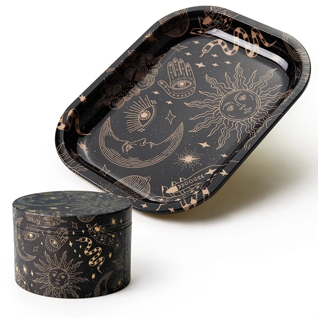 1/2 Piece Moon and Star Metal Rolling Tray and Herb Grinder