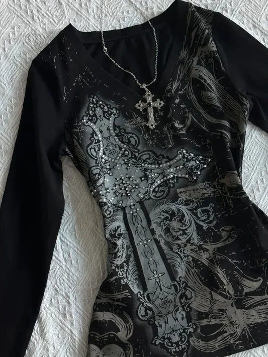 HOUZHOU Vintage Gothic T-shirts Women Y2k Black Punk Graphic T-shirt