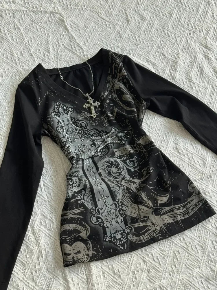 HOUZHOU Vintage Gothic T-shirts Women Y2k Black Punk Graphic T-shirt