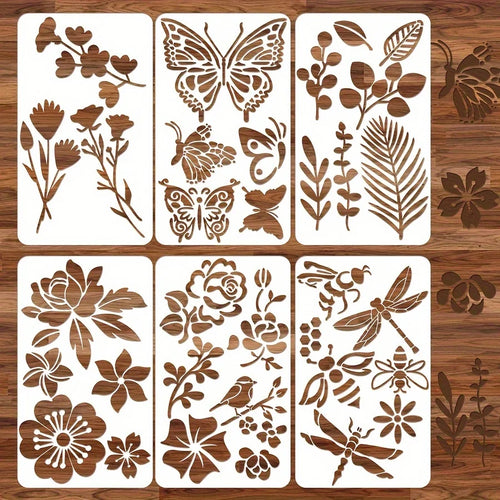 Enchanted Gothic Butterfly Flower Leaf Stencil Set Of 6 Reusable Plastic 3.15x5.5 Inch For DIY