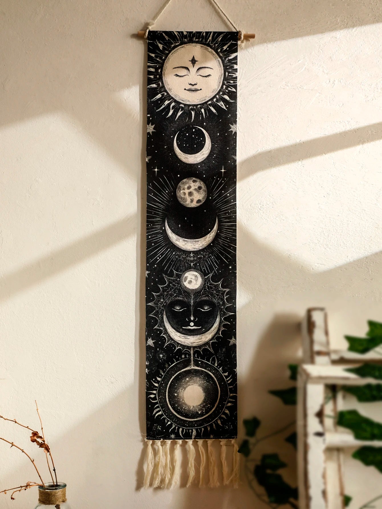 Moon Phase Celestial Wall Tapestry Boho Black And White For Gothic Home Decor Lovers