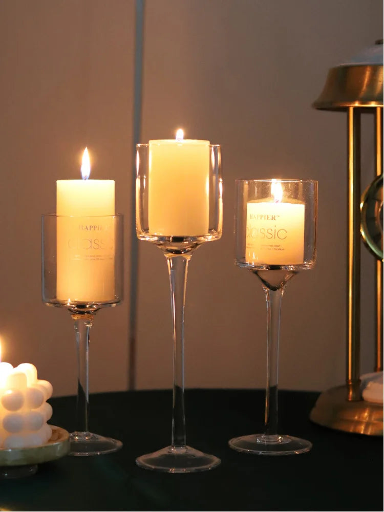 Set Of 3 Modern Light Luxury Glass Candle Holders With High Foot Design For Wedding Decor