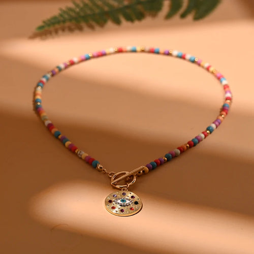 4mm Colorful Stone Choker Necklace for Women Round Evil Charm Pendant