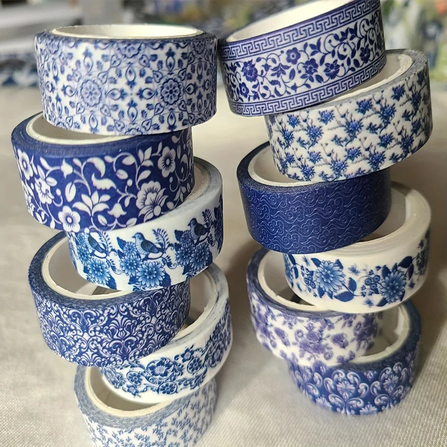 Blue & White Washi Tape Set; Pretty Chinoiserie Designs; 12 Rolls!