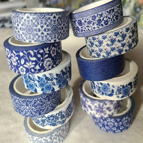 Blue & White Washi Tape Set; Pretty Chinoiserie Designs; 12 Rolls!