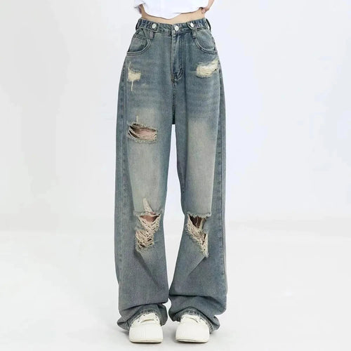 American Vintage Hole Y2k Women Jeans High Waist Jeans Wide Leg Baggy
