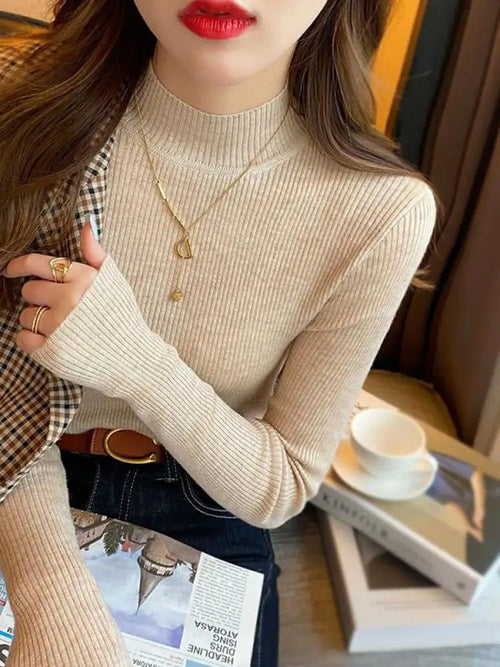 Moonlit Mock Neck Knit Sweater For Women Vintage Solid Knitwear Cozy Everyday Pullover