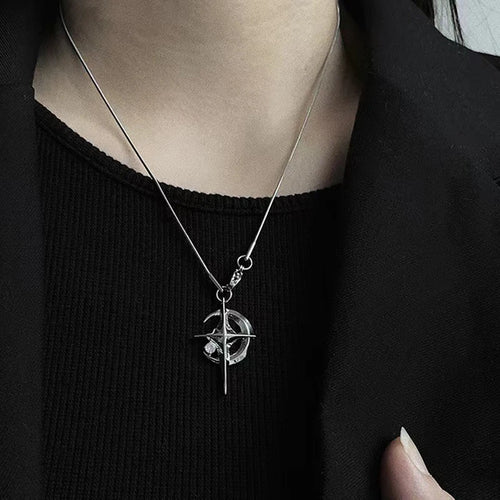 JWER New Y2K Cuban Figaro Chain Star Moon Pendant Necklace Men Punk