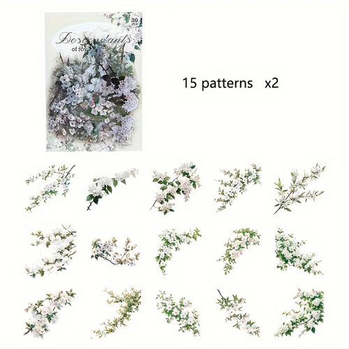30 Piece Pack Vintage Plant Flowers PET Waterproof Stickers For DIY Crafts Scrapbooking