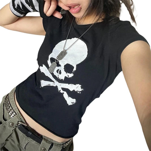 Vintage Grunge Graphic Print Short Sleeve T-Shirt Y2k Slim Crop Top