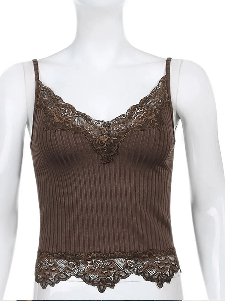 Gothic Basic Bodycon Women Camis Grunge Punk Black Casual Lace Trim