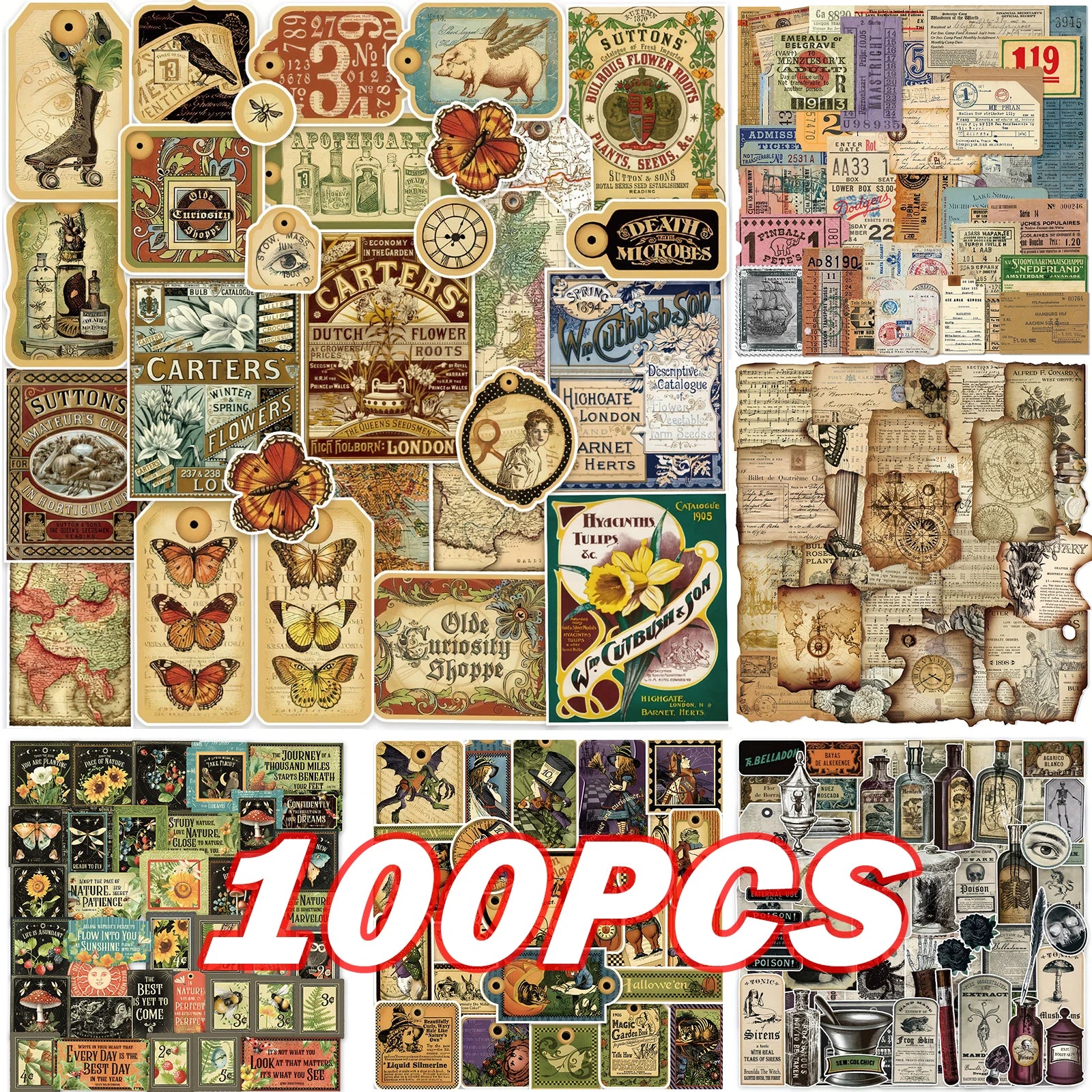 100 Pieces Vintage Aesthetic Stickers Set Plant Map Theme for Water Bottles and Journals