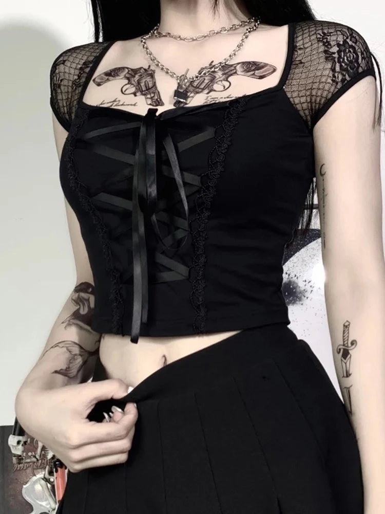 Women's Vintage Gothic T-shirt Bodycon Bandage Lace Black Mesh Top