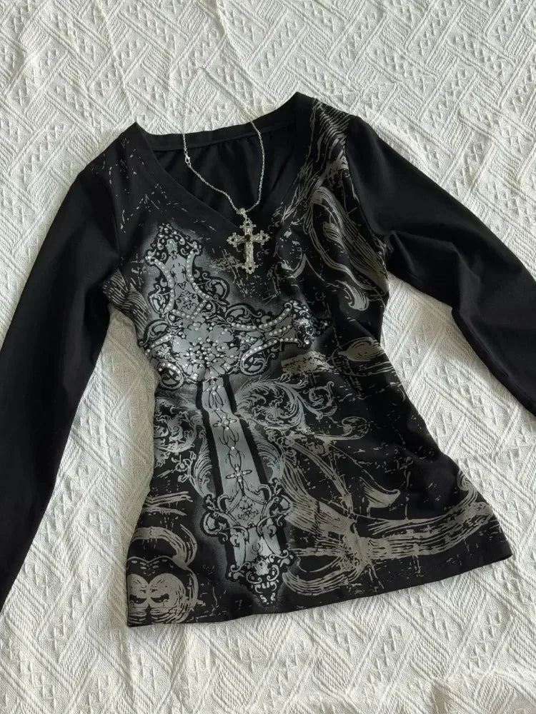 HOUZHOU Vintage Gothic T-shirts Women Y2k Black Punk Graphic T-shirt