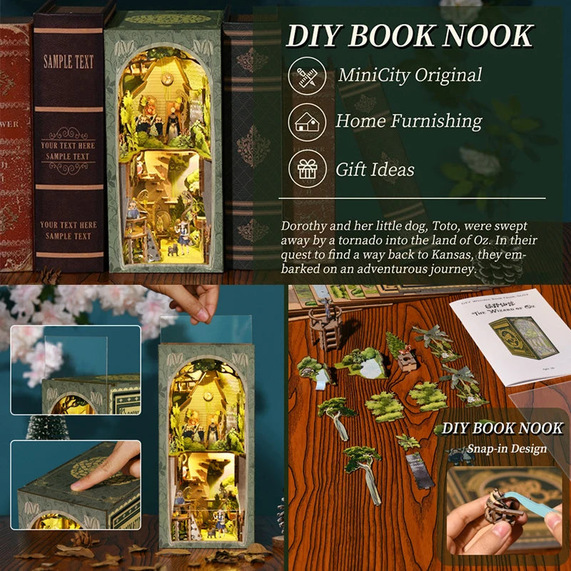 DIY Book Nook Kit Miniature Dollhouse With Light Wooden Bookshelf